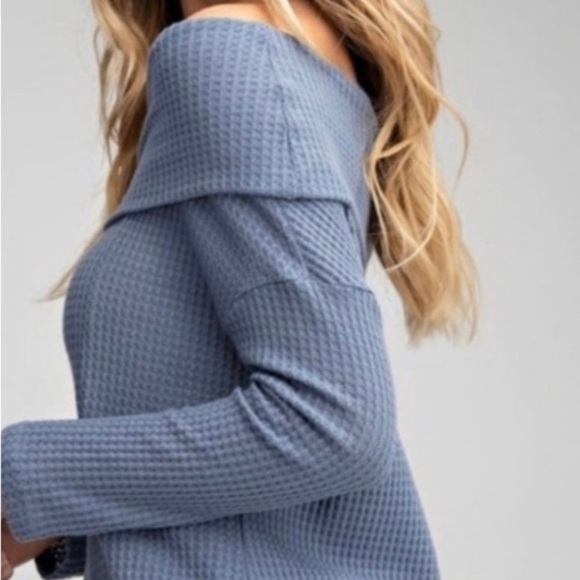 Waffle Knit Off Shoulder Top Blue Denim Sweater - Picture 5 of 8